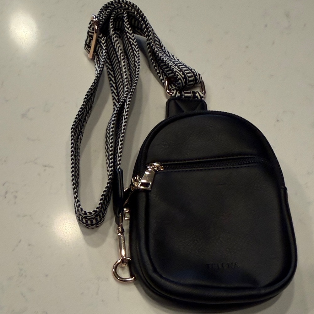 Elegant Black Mini Backpack With Patterned Strap - image 1